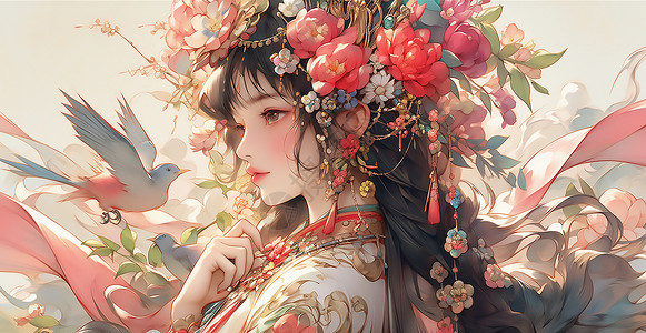 亚洲女生古风头戴花朵长发女生插画