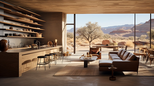 室内装修设计橡木简约现代沙漠别墅设计插画