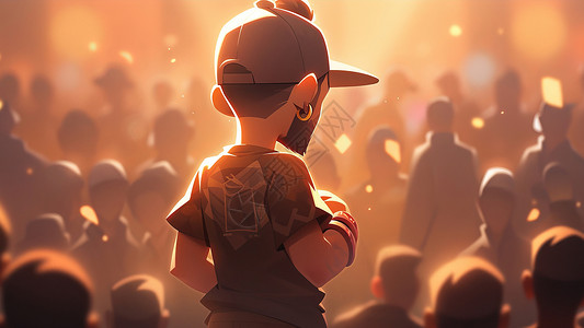 打碟DJ站在舞台上戴着帽子的说唱卡通歌手背影插画