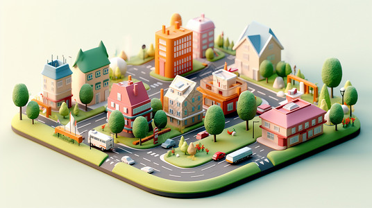 城市规划模型2.5D微立体创意城市建筑插画