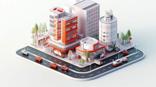 交通建筑创意城市立体红白模型插画