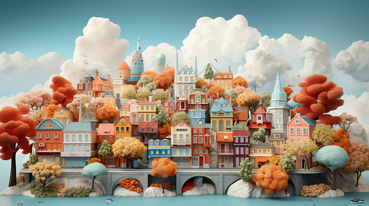 城市布局童话小镇创意立体建筑插画