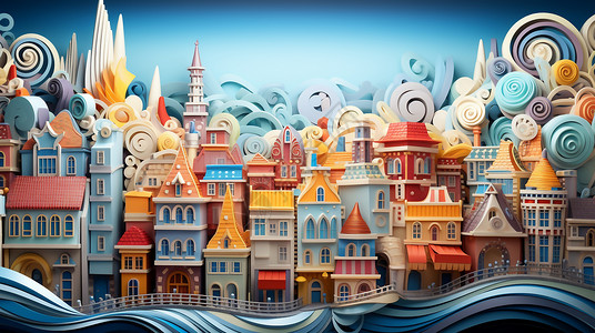 蜗牛的移动城堡剪纸背景创意童话小镇插画
