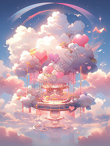 云朵中飘着的梦幻的卡通城堡，高清图片