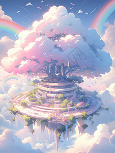 超大的云朵树下一座飞在空中的卡通科幻城堡背景图片