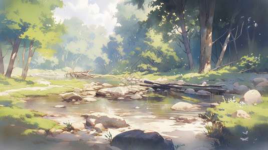 卡通风景美丽的森林中一条小溪图片