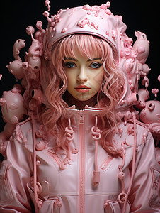 非主流素材夸张造型的时尚粉色头发女孩插画