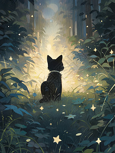 可爱的黑色卡通小猫走向森林背影高清图片