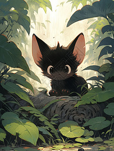 趴在树上面的大耳朵黑色卡通小猫图片