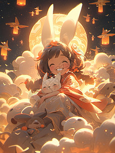 抱着宠物的卡通兔子耳朵女孩在月亮下开心笑图片