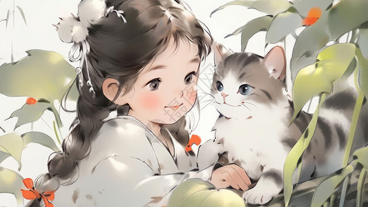 古风猫素材可爱的小女孩与宠物猫对视水墨风插画