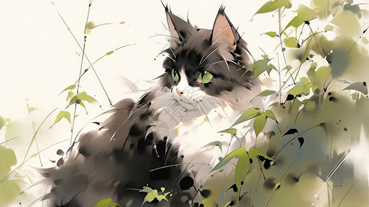 水墨风卡通小花猫在草丛中图片