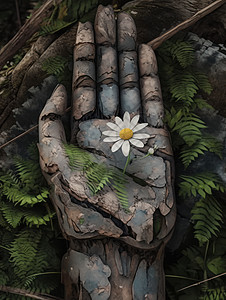 一朵漂亮的小雏菊开在木质手心中背景图片