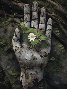 森林中伸开的手掌长出一朵小花图片