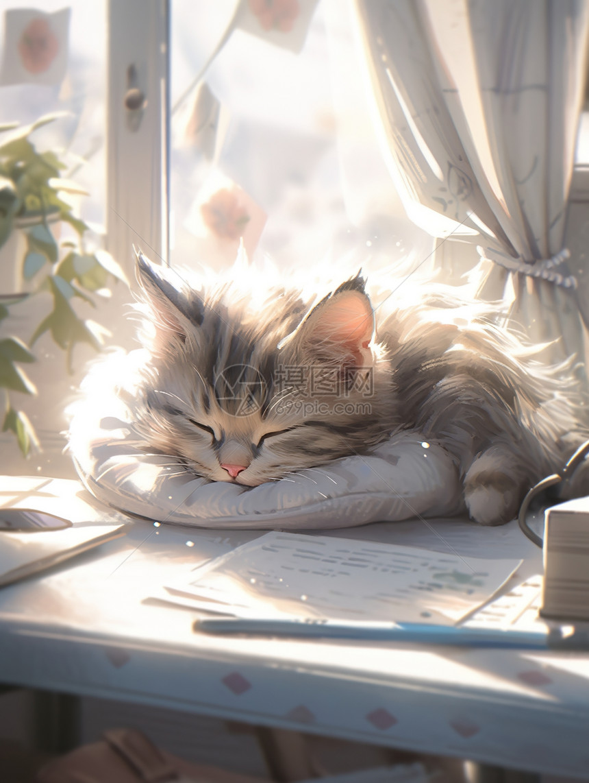 阳光照在睡觉的小猫身上图片