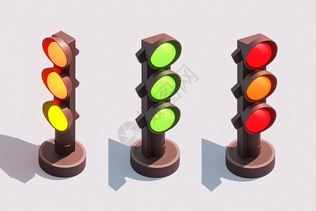 三个红绿灯交通灯3D元素图片