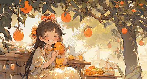 牛油果树果脂快乐的小女孩在果树下插画