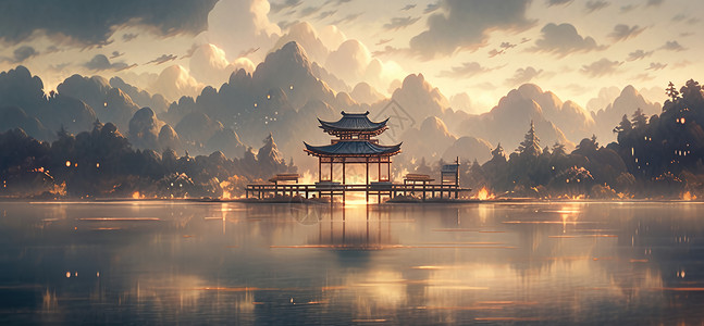 傍晚夕阳下漂亮的湖中亭高清图片