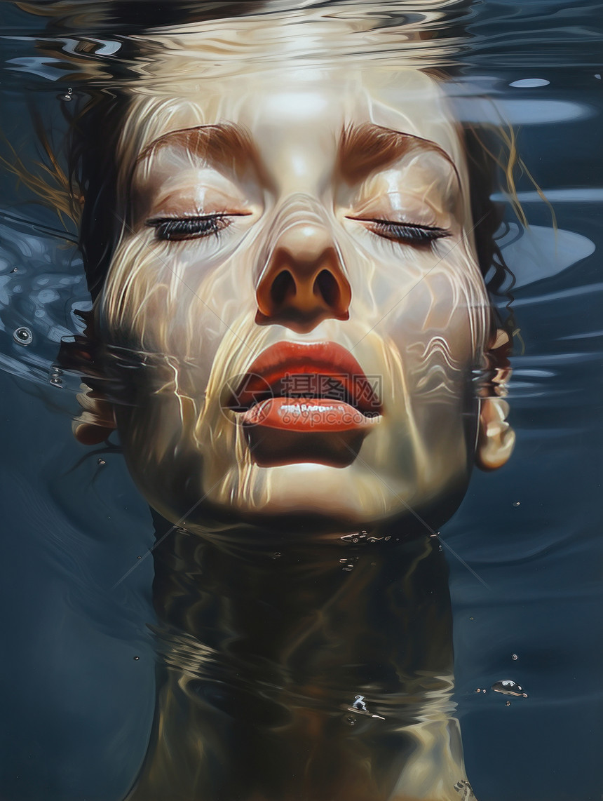 时尚的女人画着精致妆容在水下图片