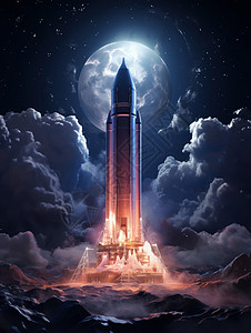 夜晚在云朵间准备发射的卡通火箭背景图片