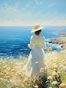 海边长裙戴着帽子穿白色长裙的小清新女孩背影面向大海油画风插画