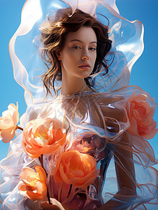 透明PVC手拿花朵夸张造型的时尚年轻女人插画