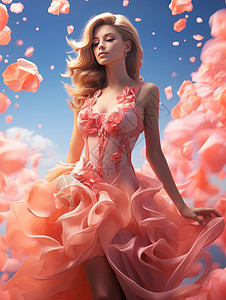 穿红礼服女人穿浪漫粉色花朵礼服裙子的时尚女人插画