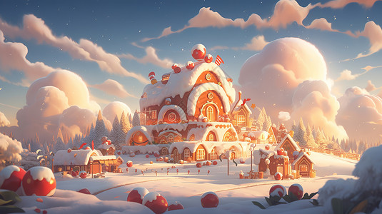 山坡上雪中美丽的卡通小房子图片