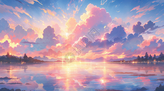 唯美夕阳下湖泊与卡通风景图片