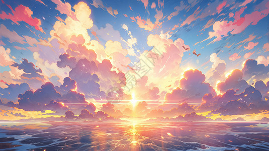 多云橙色天空夕阳下橙色的与美丽的大海卡通风景插画