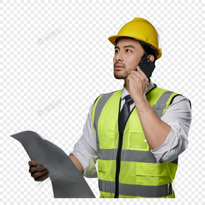手拿图纸打电话的建筑工人图片