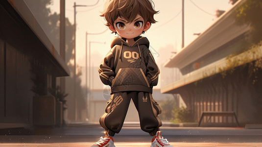 站在街头一身时尚运动装的卡通男孩背景图片