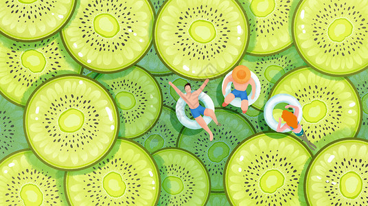 夏天泳池假期奇异果水果手绘风横版插画背景图片