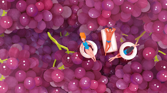 夏天泳池假期葡萄水果手绘风横版插画图片