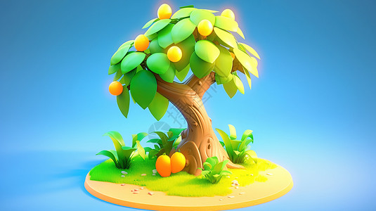 一棵结满果子卡通橙子树3D图片
