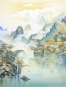 诗意中国中国建筑静水山景诗意山水插画插画