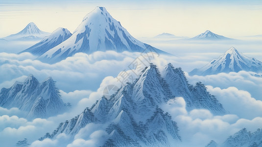 淡蓝色中国山水画图片