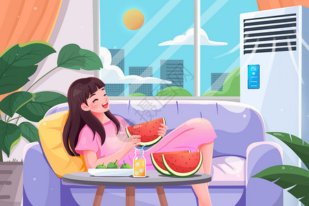 夏天在空调屋里休息吃西瓜的女孩插画插画