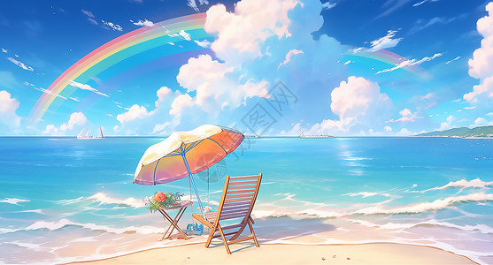 海边的遮阳伞和躺椅插画