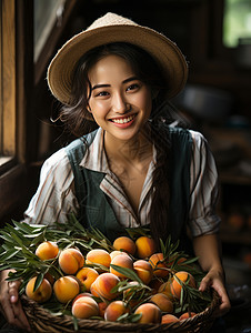 抱着一篮子水蜜桃开心笑的年轻女孩高清图片