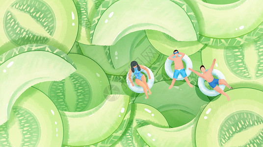 甜瓜种植夏天泳池假期哈密瓜甜瓜手绘风横版插画插画