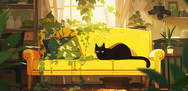 捣乱沙发沙上的小黑猫插画
