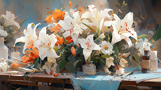 桌上的百合花束装饰背景图片