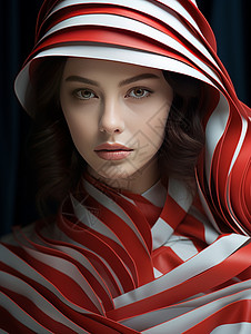 人物实拍素材穿红白条纹时尚服装的年轻女人插画
