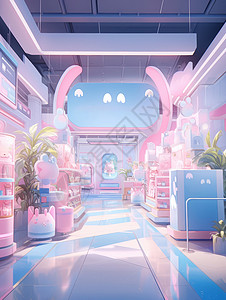 小清新粉色系卡通商场内部背景图片