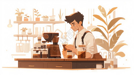 端着热咖啡在咖啡店中磨咖啡的卡通男人插画