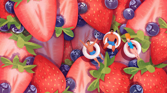 夏天泳池假期草莓蓝莓手绘风横版插画背景图片