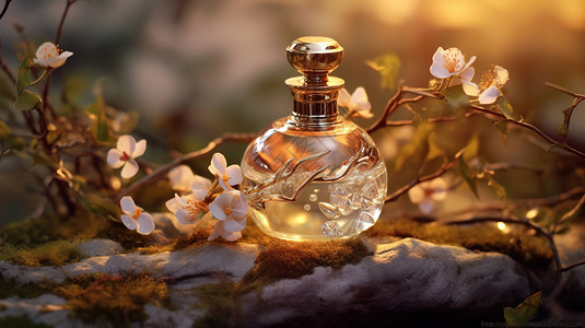 花朵中的香水瓶背景图片