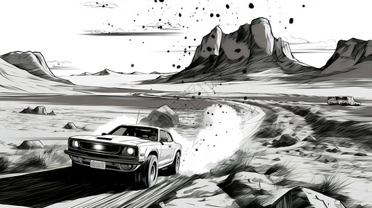 汽车在沙漠中行驶漫画背景图片