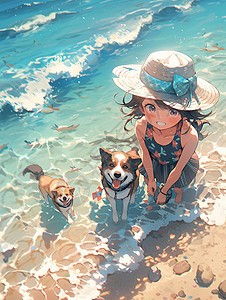 可爱的小女孩跟狗在海边高清图片